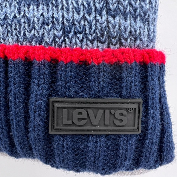 LEVI’S, BEANIE SET,2 WARM BEANIES,NAVY BLUE W/PATTERN & GREY,100%ACRYLIC, UNUSEX - Picture 4 of 16